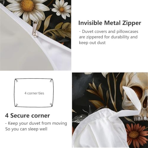 Charcoal Gray Halloween Flower Skull Duvet Cover Set For Women Girls