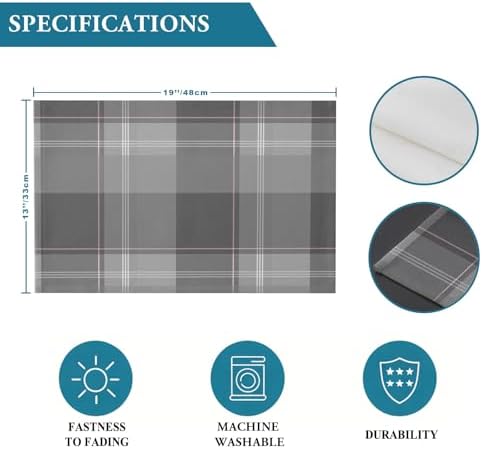 Grey Buffalo Plaid Placemats Set of 8, Cotton Linen Fabric Place Mats