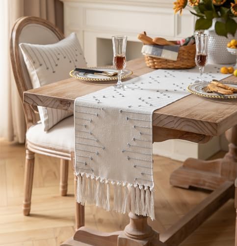 Caflife Grey Beige Cotton Linen Rustic Boho Table Runner 13 x 72 Inch