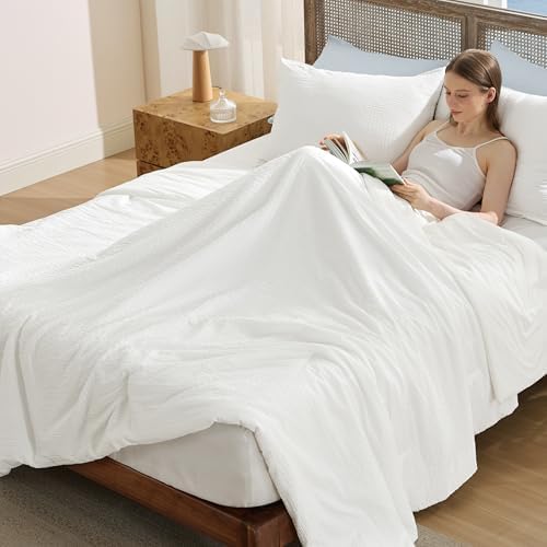Bedsure Cooling Comforters Queen Size, White Seersucker Cool Bedding