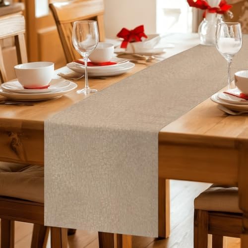 Beige Table Runners 108 Inches Long, Farmhouse Solid Textured Rustic