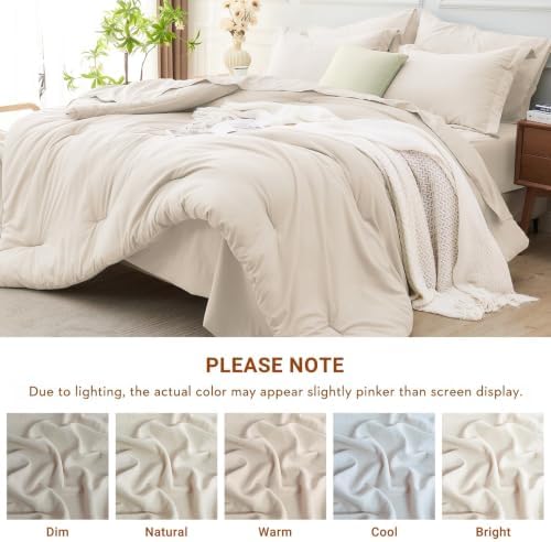 MUXHOMO Full Comforter Set 7 Pieces, Soft Bed in a Bag, Beige