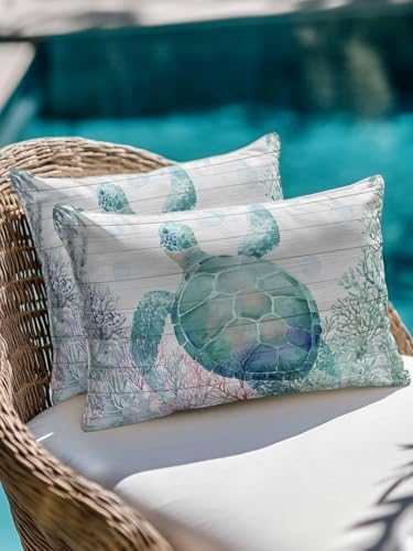 Throw Pillows 12x20 Set of 2, Teal Sea Turtle Waterproof Outdoor