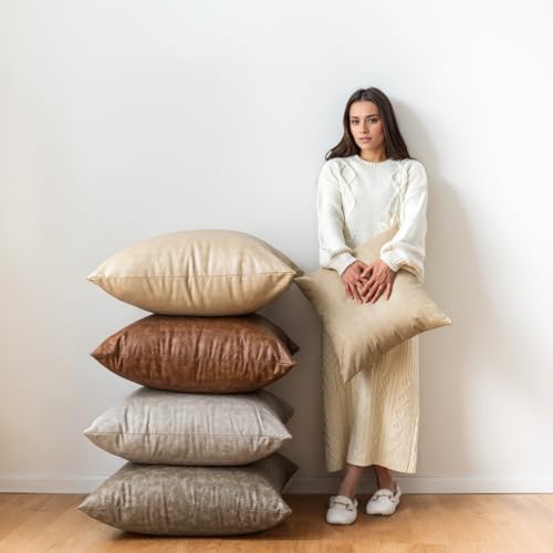 GEGELICA Pack of 4 Neutral Decorative Faux Leather Throw Pillow Covers