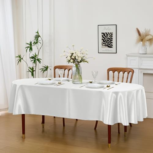 White Satin Oval Tablecloth 60 x 102 Inch for 8-10 Seats