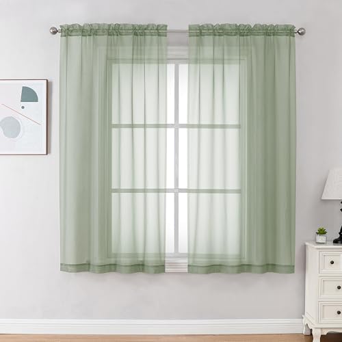 OVZME Light Green Sheer Curtains 63 inch Length 2 Panels Set for