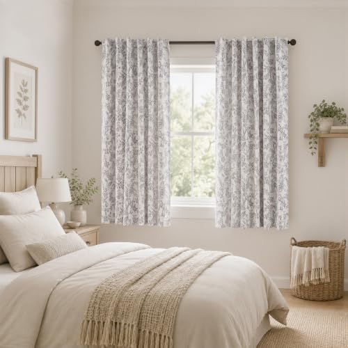 Lazzzy Grey Floral Linen Lined Curtains Rod Pocket 50W X 63L 2 Panels