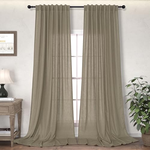 Taupe Back Tab Linen Curtains 96 Inches Long for Living Room Bedroom 2