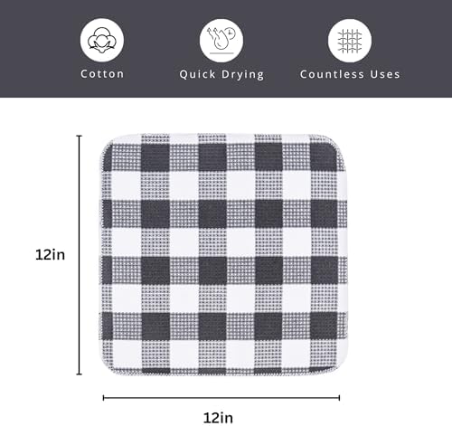 Waffle Weave Plaid Dish Cloth, Dish Cloth 12x12"S/6 - Steel Gray &