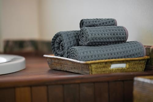 16 Piece Thick Dark Grey Waffle Bath Towel Set, 100% Cotton