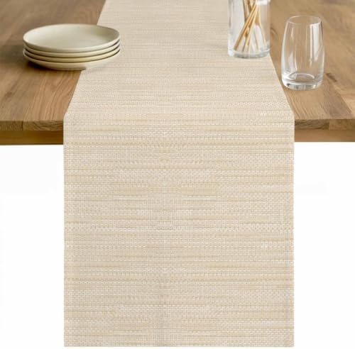 Modern Boho Table Runner 108 Inches, Solid Color Linen Texture Beige