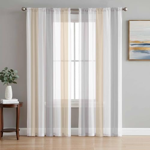 Beige Grey Stripe Sheer Curtains 72 Inches Long 2 Panels, Semi Sheer