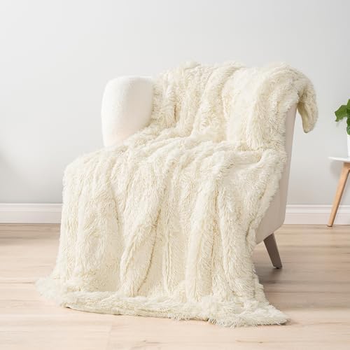 PAVILIA Cream Beige Fluffy Fuzzy Faux Fur King Size Blanket for Bed