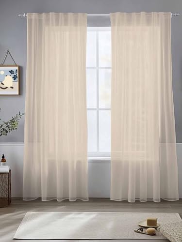 Beige Pure Color Sheer Curtains 108 Inch Length 2 Panels, Aesthetics