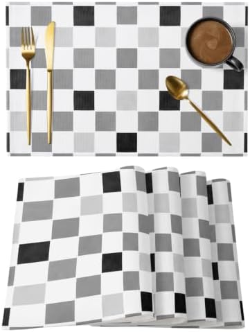 Grey Plaid Placemats Set of 8, Cotton Linen Fabric Place Mats, Modern