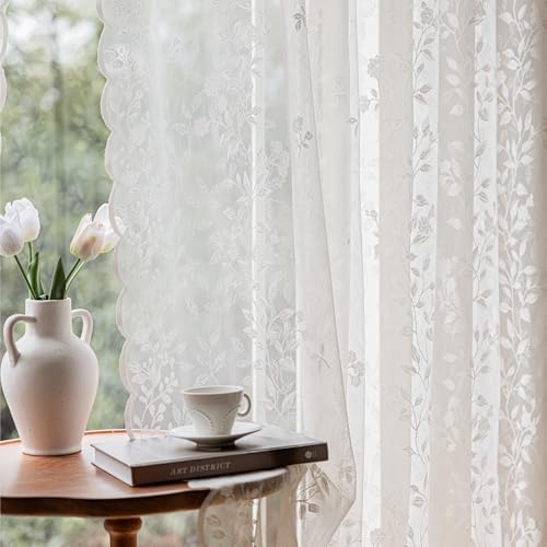 Ivory Lace Sheer Curtains 96 Inch Long 2 Panels with Floral Design