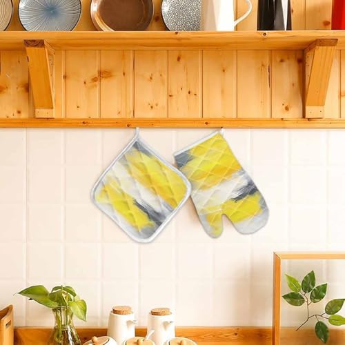 Quilted Cotton Terry Cloth Oven Mitt, Pot Holder Grey Yellow Texture