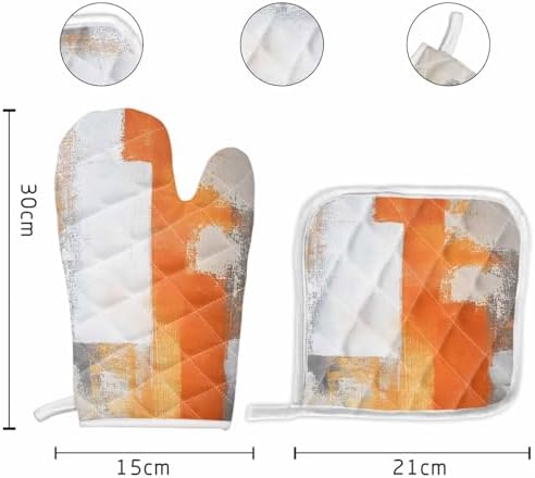 Quilted Cotton Terry Cloth Oven Mitt, Pot Holder Grey Orange Smear