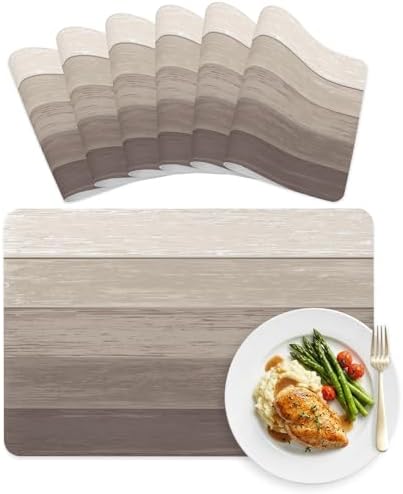 Faux Leather Placemats Set of 6 Khaki Wood Grain Waterproof Heat