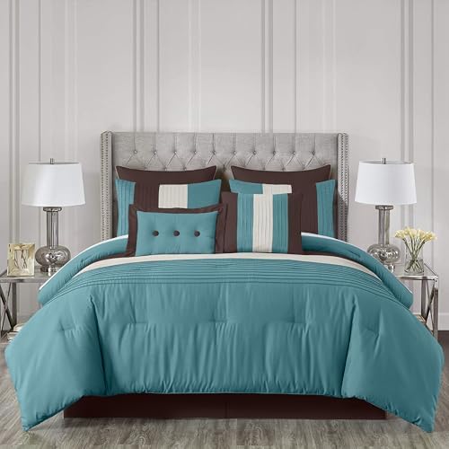 Loft 8-Piece Striped Comforter Set King, Blue/Beige/Chocolate Brown