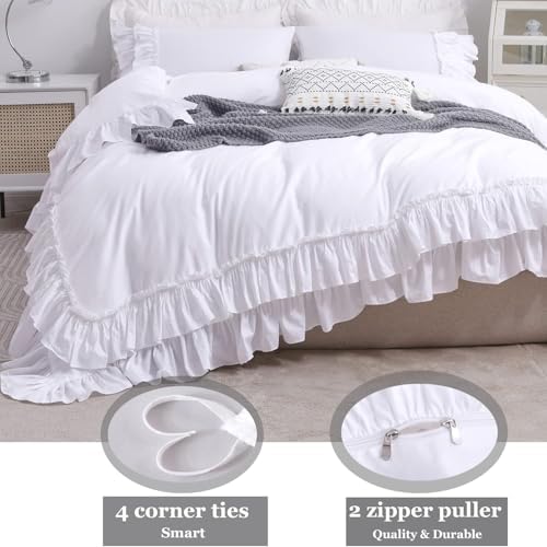 QSH Ruffle White Duvet Cover California King Size- Washed Cotton