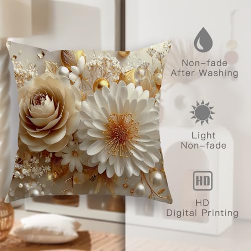 Elegant Floral Pillow Covers Set of 2, Cream Gold Decor Throw Pillows