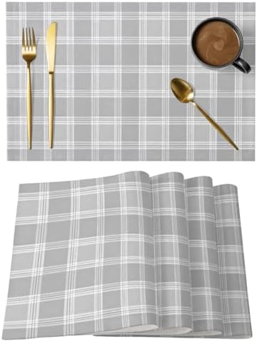 Gray Grid Placemats Set of 8, Minimalist Slate Grey Plaid Stripes