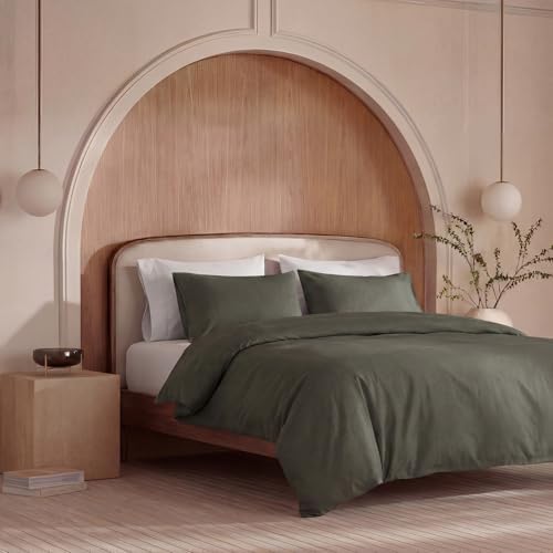 100% Washed Cotton Duvet Cover King Size – Olive Green, Linen-Like