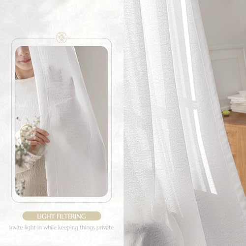 Beauoop White Semi Sheer Curtains for Living Room 52x96 2 Panels