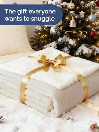 Sherpa Fleece Blanket Throw Size - Reversible Blanket - Ivory, 50" x