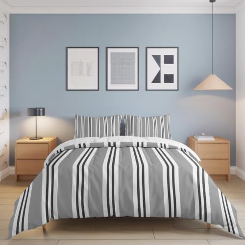 Gray Black and White Stripe King Duvet Cover Set - 4 Pcs Comforter