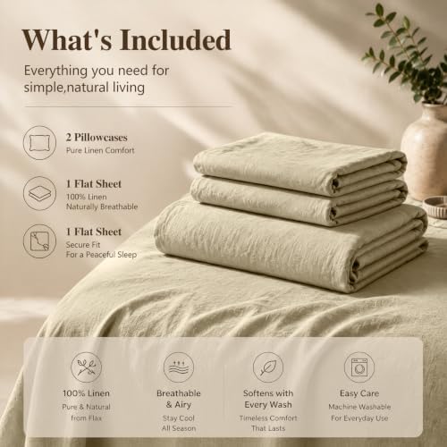 MEISHANG 100% French Linen Sheets Queen,4 Pcs,16" Deep Pocket