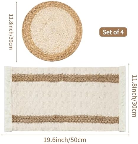 Handmade Boho Placemats Set of 4 | Natural Woven & Fabric Cotton Combo