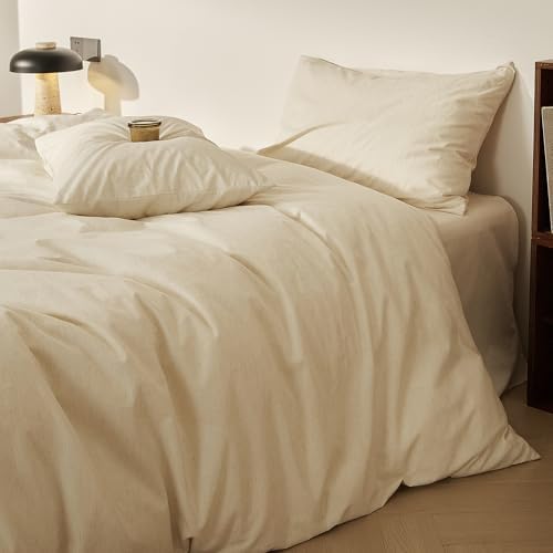 Cream Beige Duvet Cover Full Size, Washed Cotton Minimalist Bedding