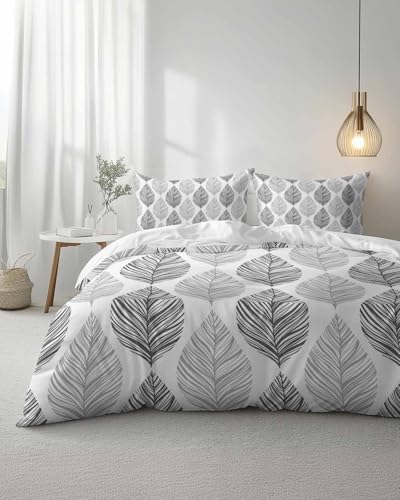 Duvet Cover Set Queen, Seamless Grey Leaves Texture 3 Piece Bedding