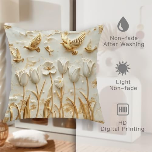 Spring Decorative Pillow Covers Set of 2, Cream and Gold Floral Throw