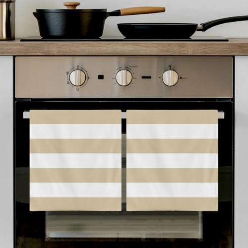 Beige White Striped Kitchen Towels Set of 3, Water Absorbent Dish