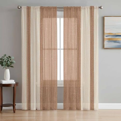 Brown Stripes Sheer Curtains 72 Inches Long, Geometric Modern Vintage