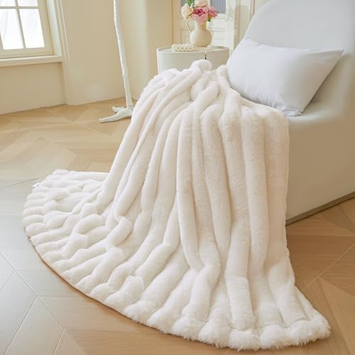 MEGO Fluffy Faux Rabbit Fur Ribbed Throw Blanket 50"x60", Beige
