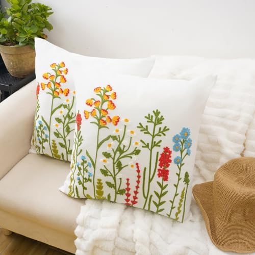 Embroidered Throw Pillow Covers 18x18 Set of 2 with Zipper, Flower