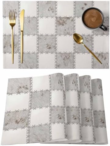 Cream Gray Checkered Placemats Set of 8, Cotton Linen Fabric Place