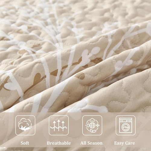 DJY Beige Quilt Set Queen Size - Branch Botanical Bedspread Coverlet