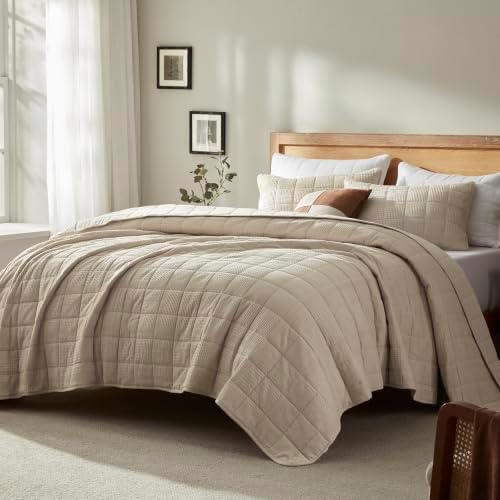 LEAONME 3Pc Quilt Set Cotton Waffle Oversized Cal King Blanket