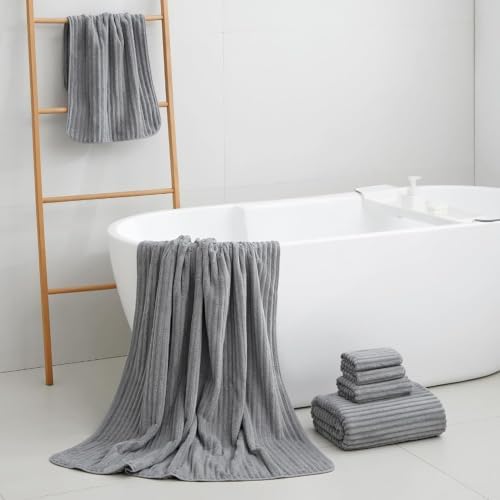 Ribbed Cotton 6-Piece Towel Set, Solid Black Textured Plush Towels