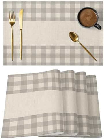 Retro Grey Placemats Set of 8, Cotton Linen Fabric Place Mats