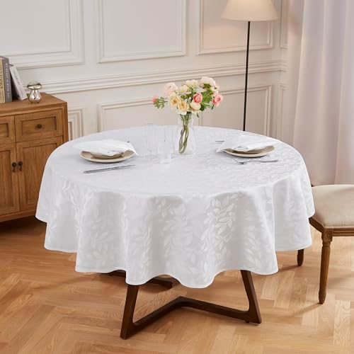 LinenZone 90 Inch Round White Tablecloth with Napkins.