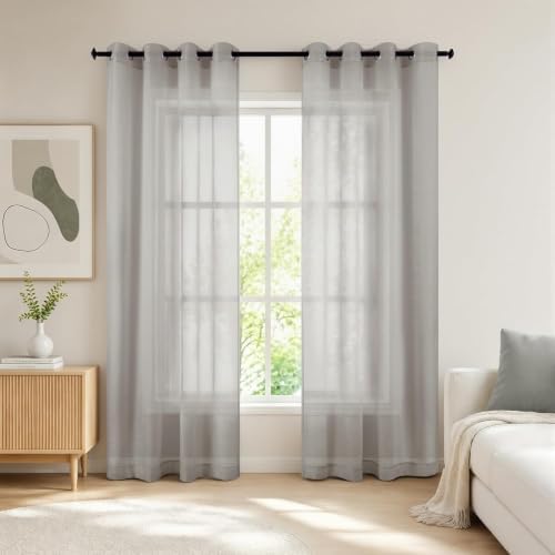 KOUFALL 2 Panels Grommet Faux Linen Sheer Curtains 84 Inches Long Grey