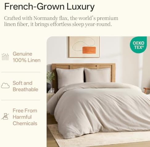 DAPU 100% French Linen Duvet Cover 3Pcs Set, 170GSM Linen Bedding, Cal