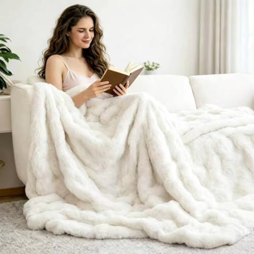 White Bubble Faux Rabbit Fur Throw Blanket King 90x108