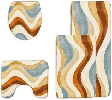 4 Piece Bathroom Rug Sets,Mid Century Modern Boho Abstract Geometric